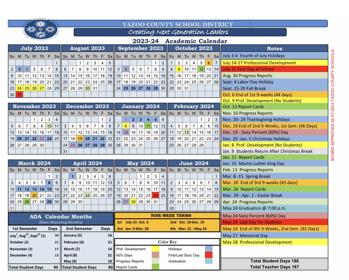 Yazoo County School District Calendar 2023-2024
